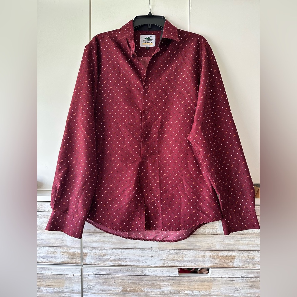 Burgundy dress shirt with pipe and mustache design for